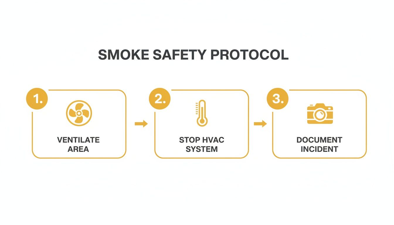 A smoke safety protocol infographic showing three steps: ventilate, stop HVAC, and document incident.