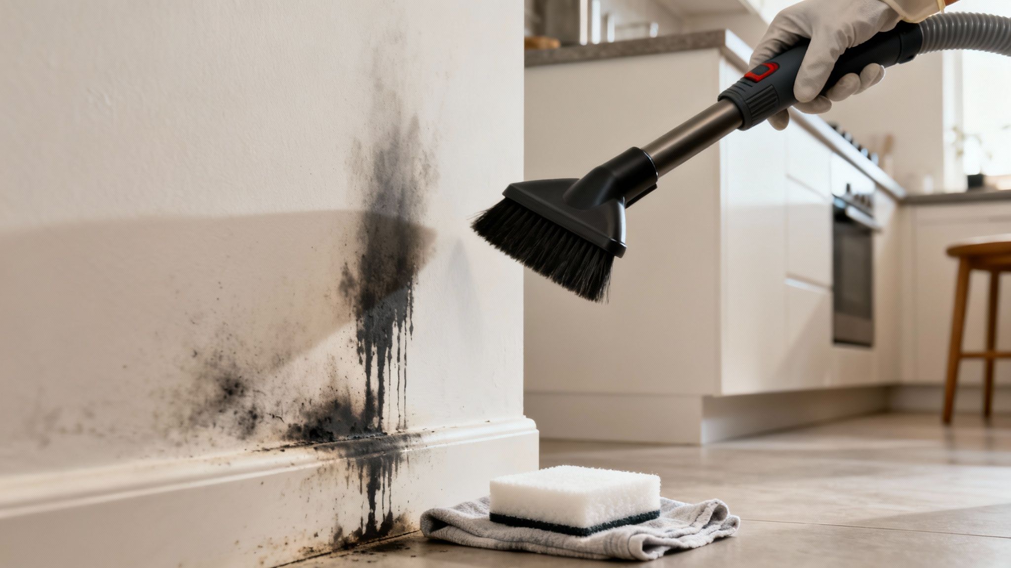 Gloved hand using a vacuum brush to clean heavy black mold and soot off a white wall.