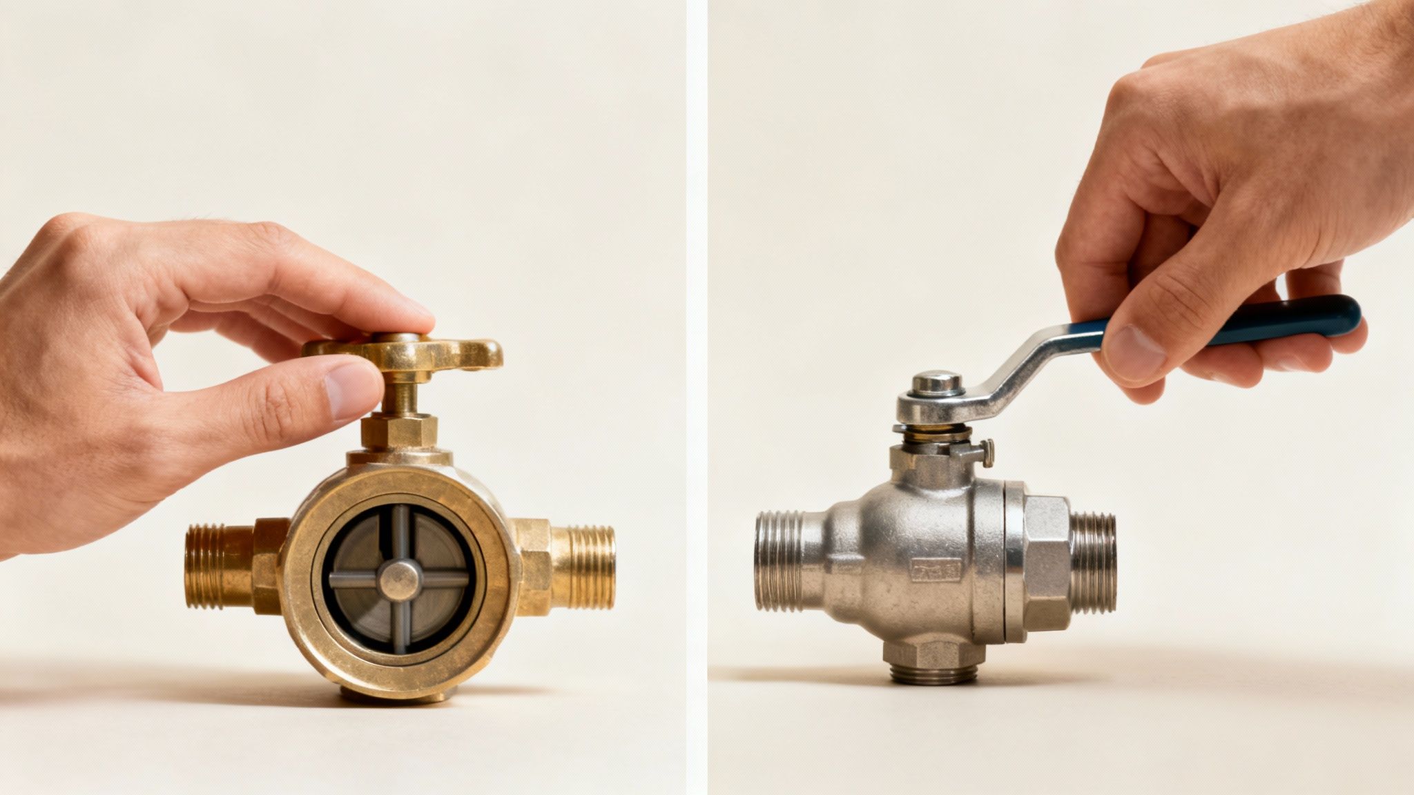 Hands demonstrating how to operate two types of water shut-off valves: a brass gate valve and a chrome ball valve.
