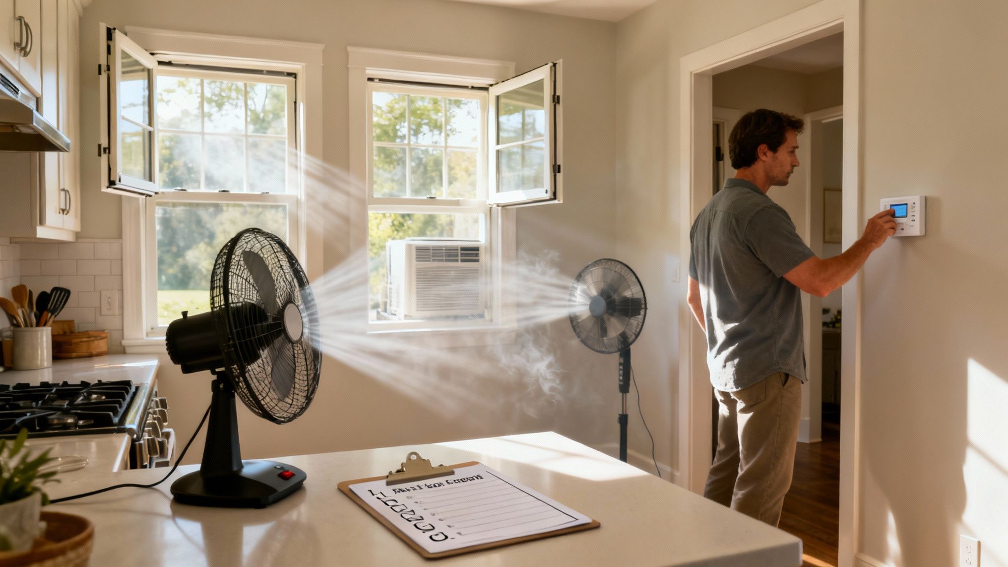 A man adjusts a thermostat in a kitchen with open windows, fans, and visible smoke or mist.