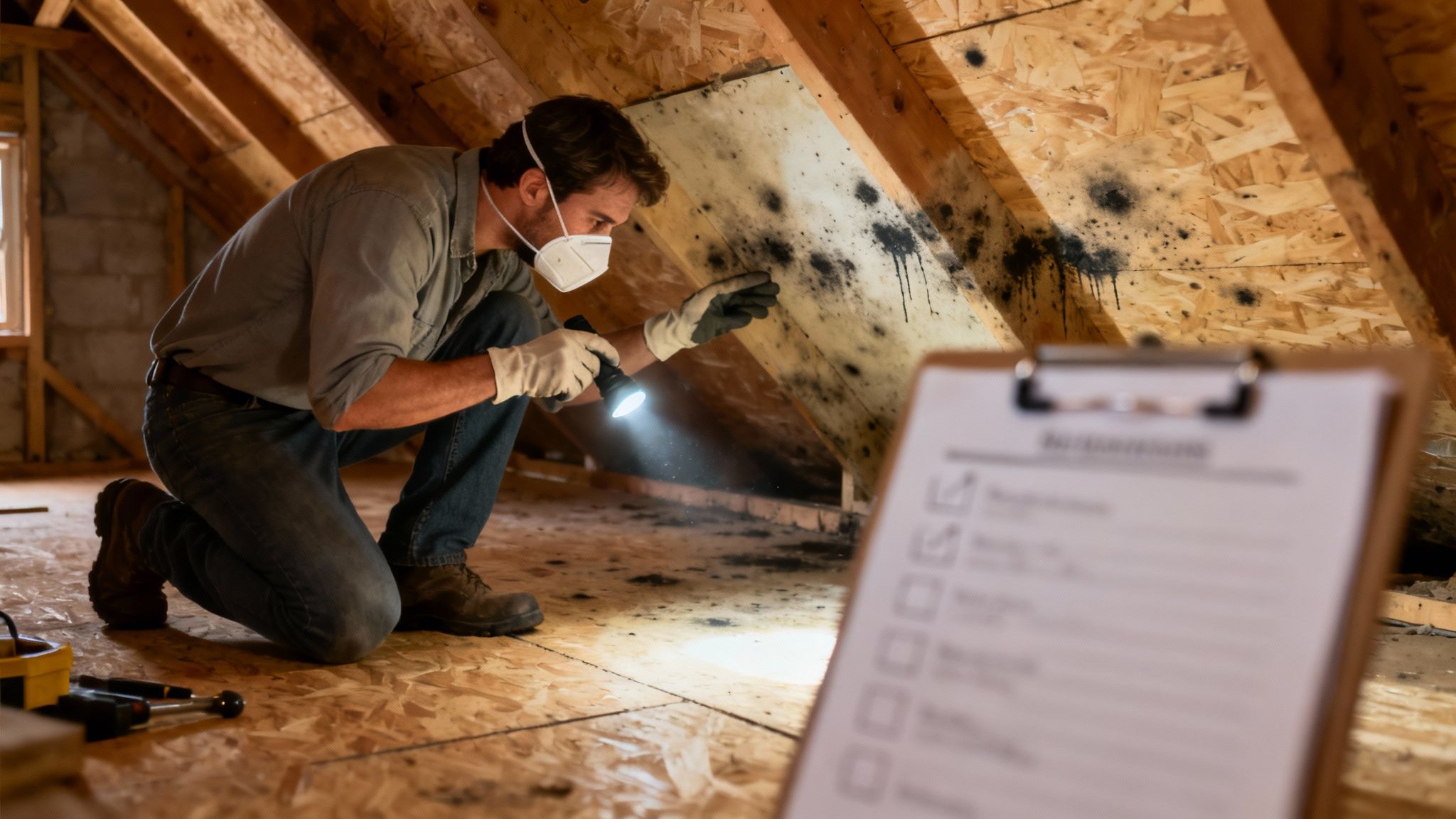 A person in protective gear using a flashlight to inspect for mold on the wooden beams of an attic.
