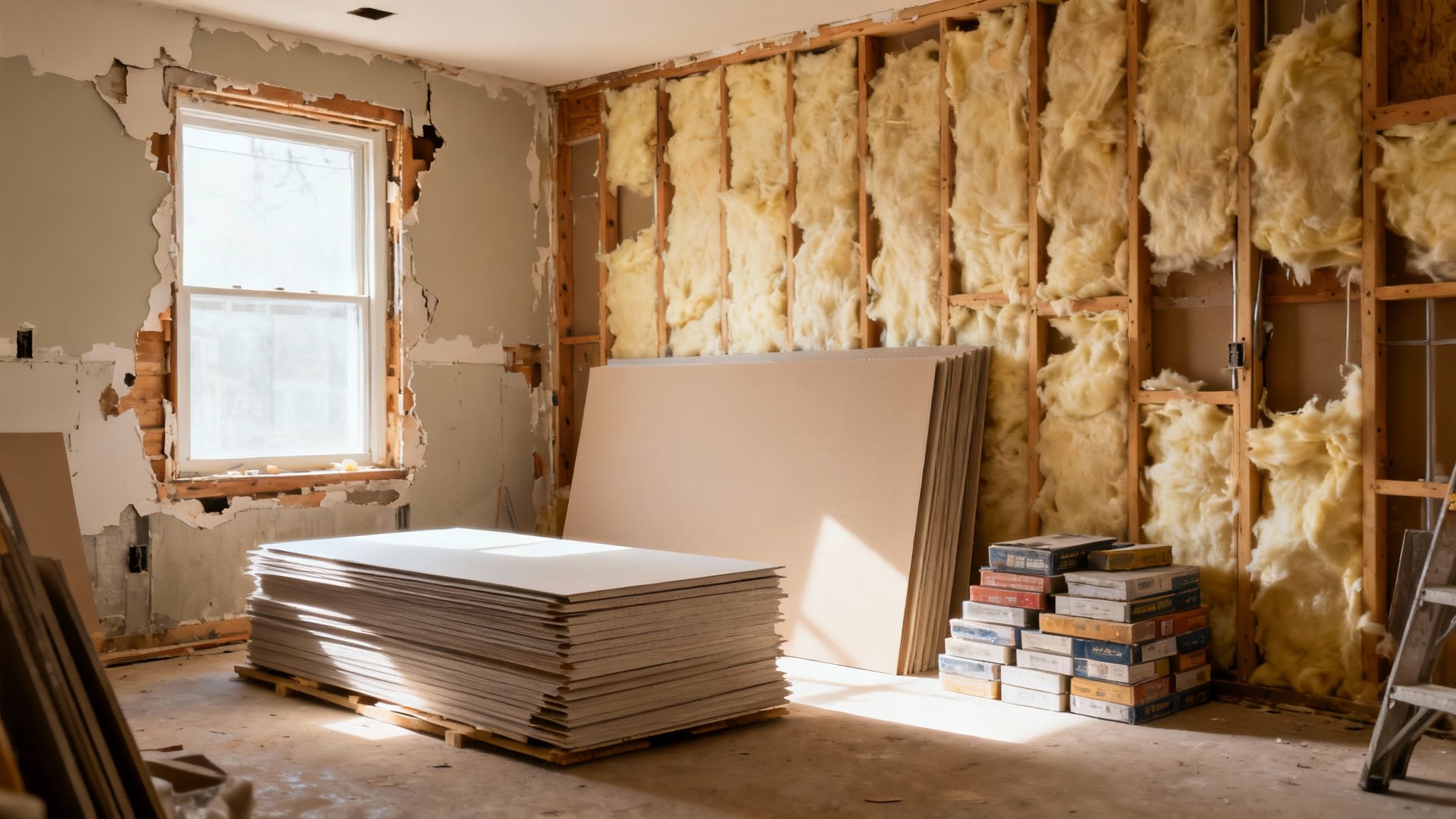 A room undergoing renovation with exposed wall insulation, stacks of drywall sheets, and a bright window.