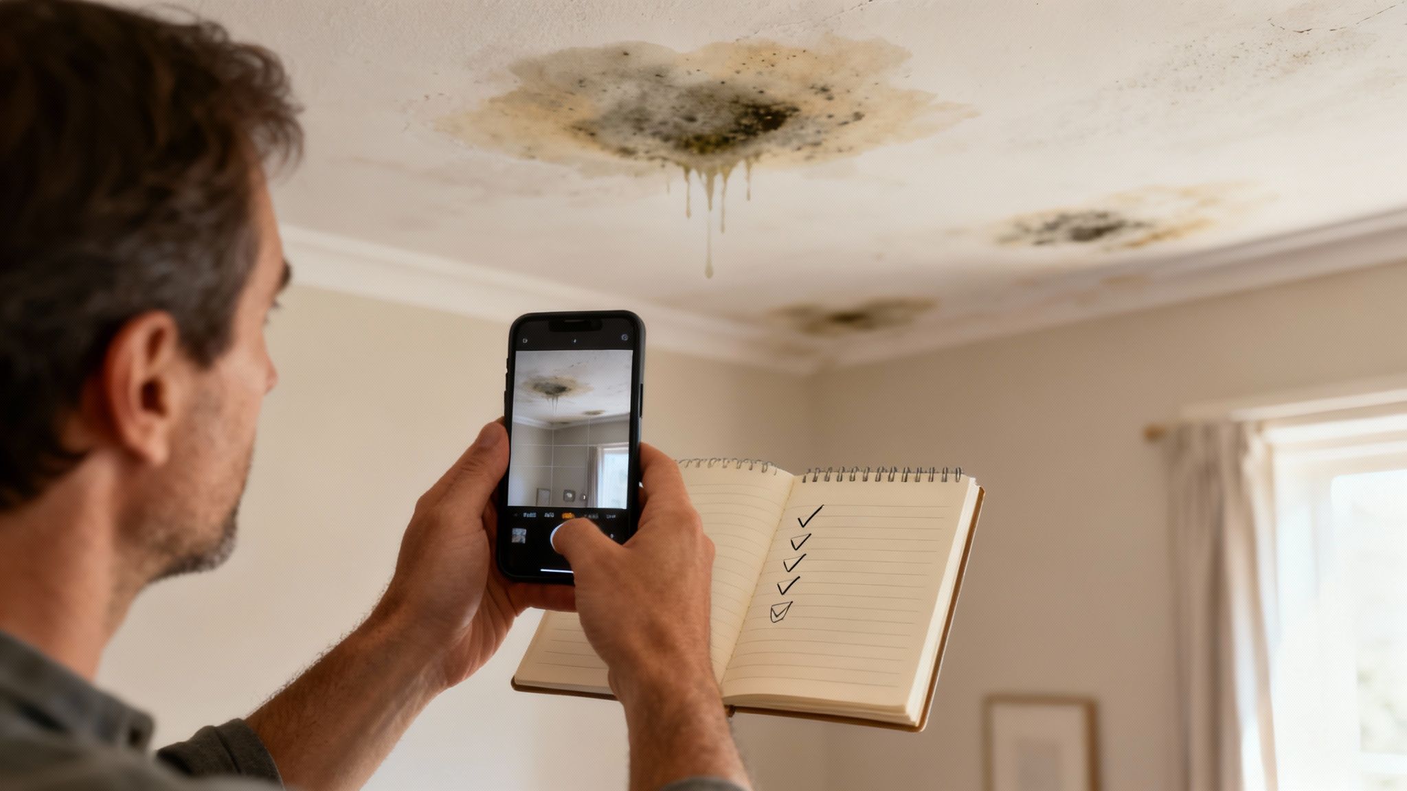 A person taking photos of a water-damaged wall with a smartphone, meticulously documenting the area for an insurance claim.