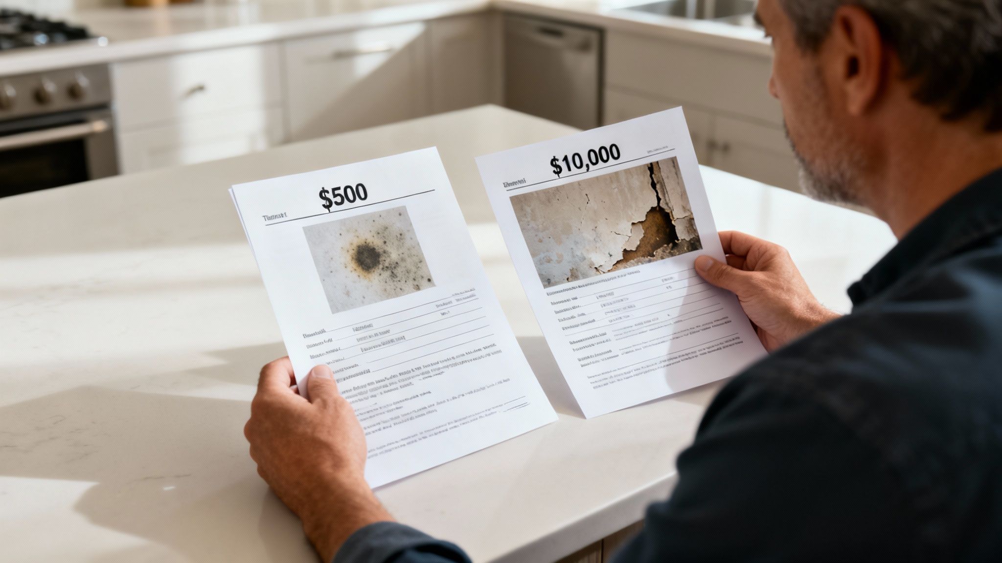 A man reviews documents on a kitchen counter, showing images of mold and damaged walls with estimated repair costs.