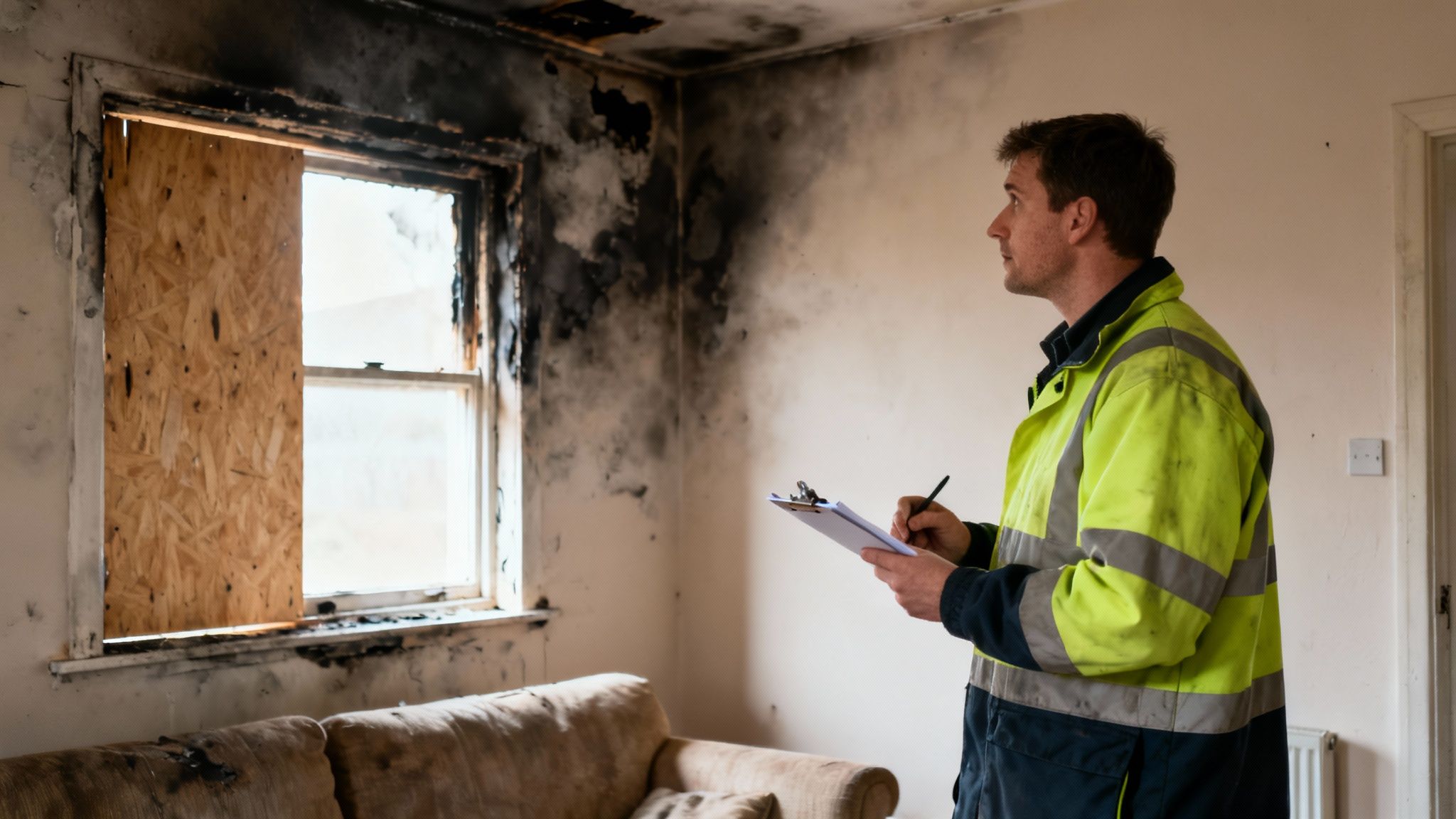 A fire damage restoration professional cleaning a soot-covered wall.