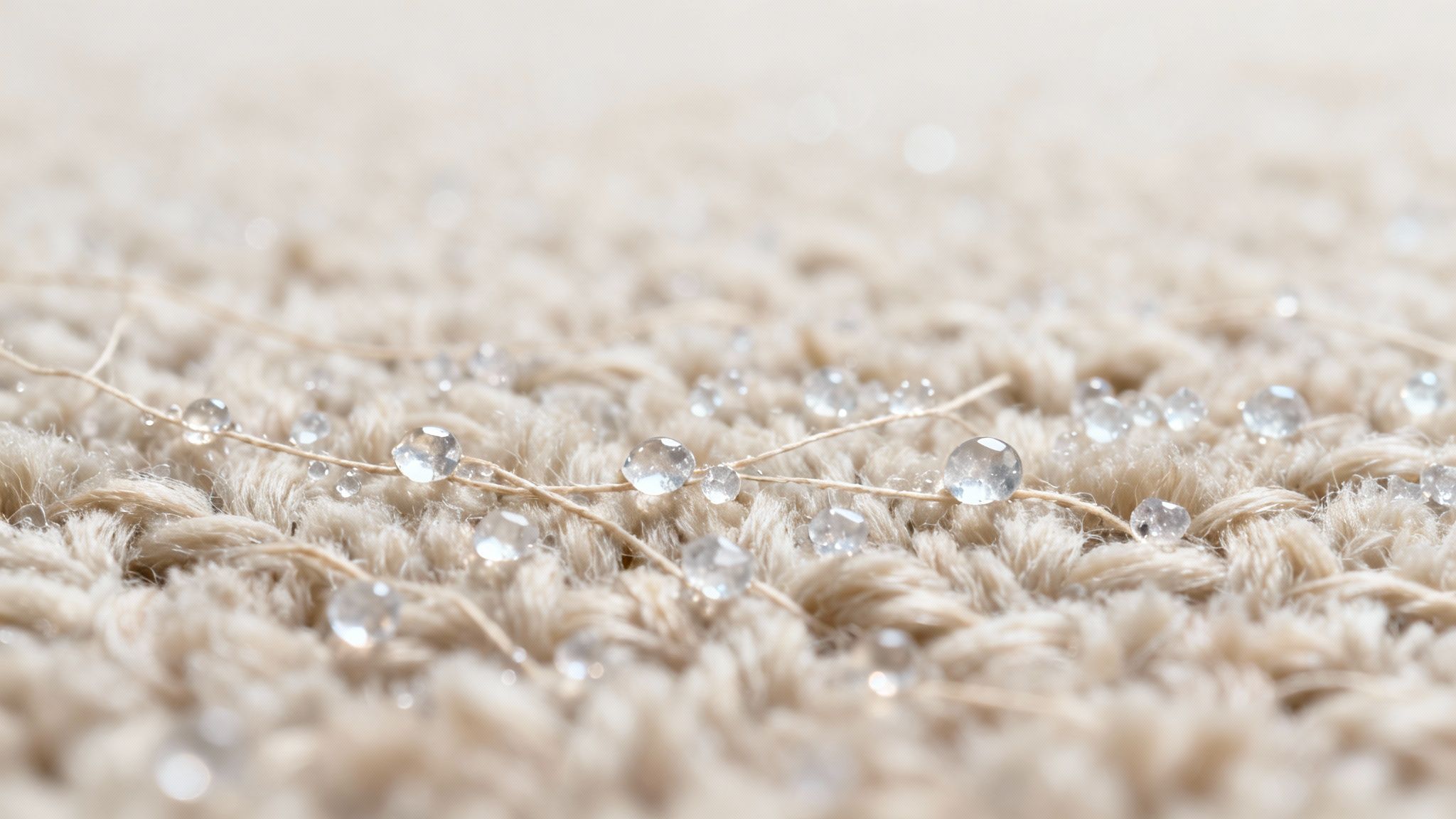 Close-up of clear water droplets beading on a textured beige carpet, highlighting waterproof fabric.