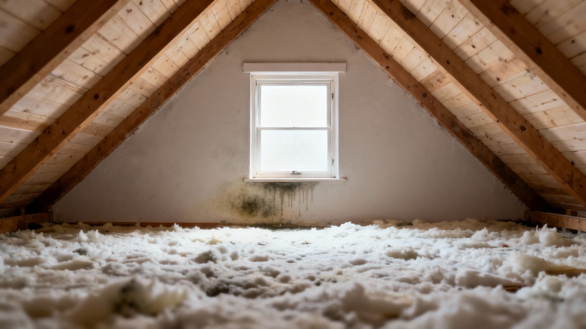 A dark attic with mold visible on the wooden roof sheathing and rafters.