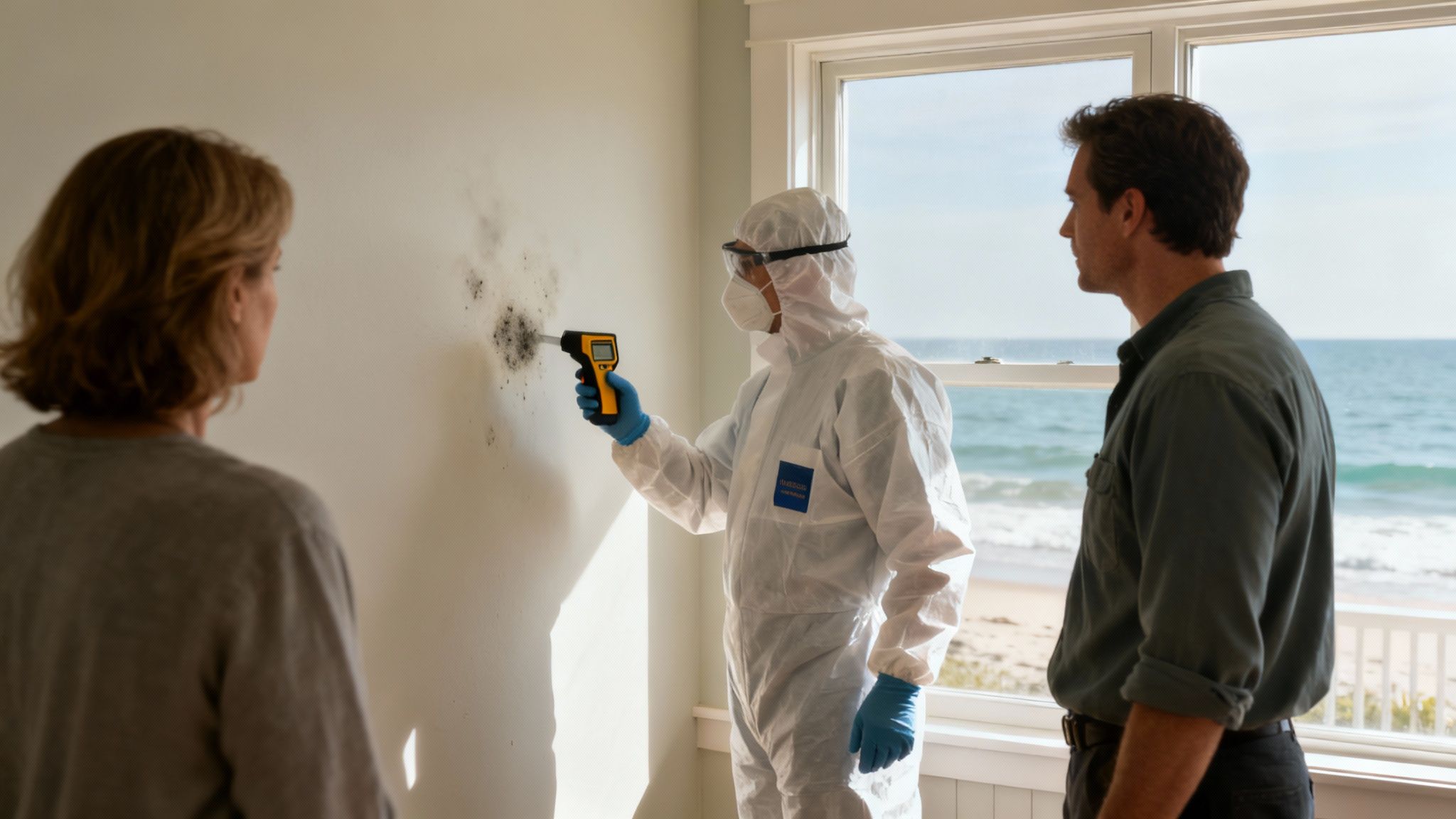 Professional mold removal contractor inspecting a wall for hidden moisture and mold growth.