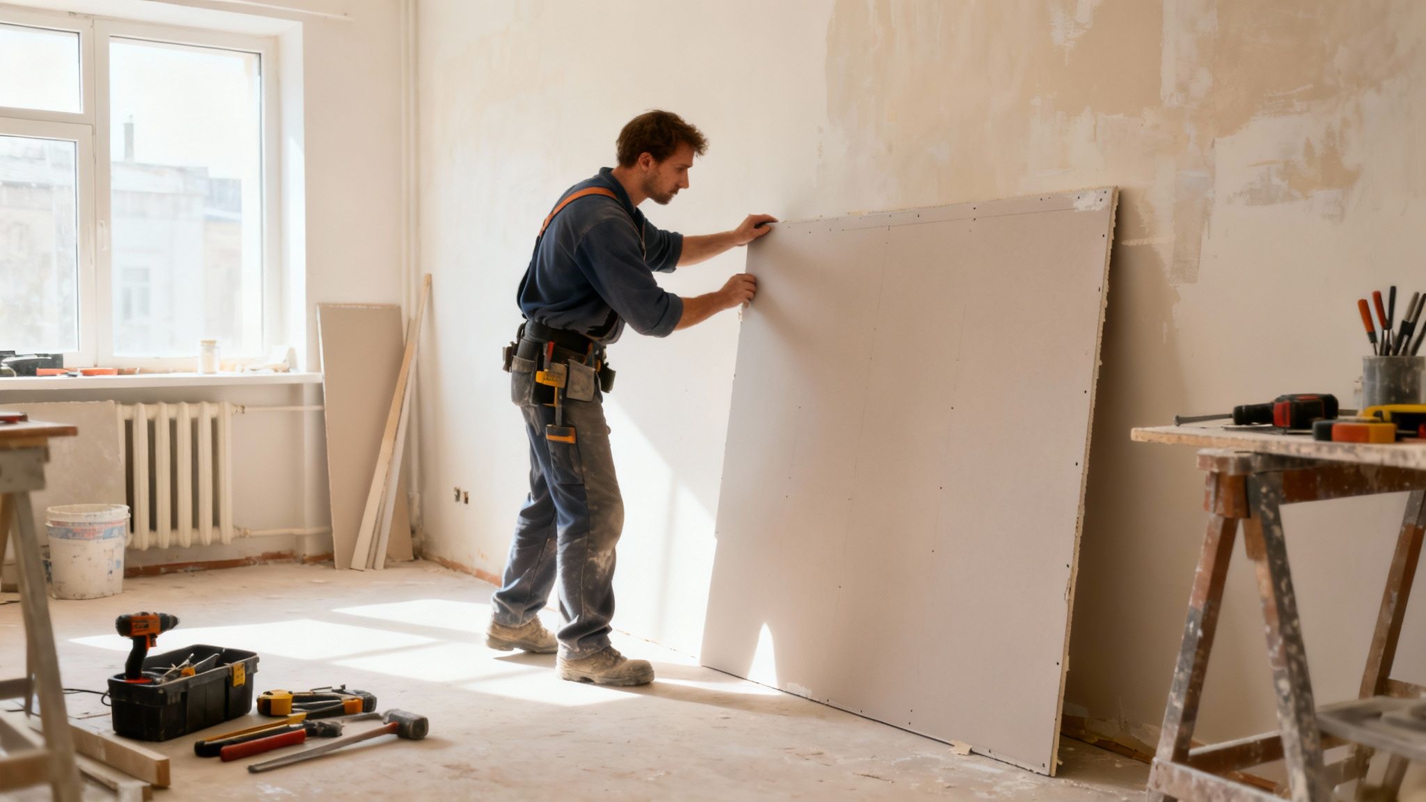 A worker installing a large drywall panel against a wall in a room undergoing renovation.