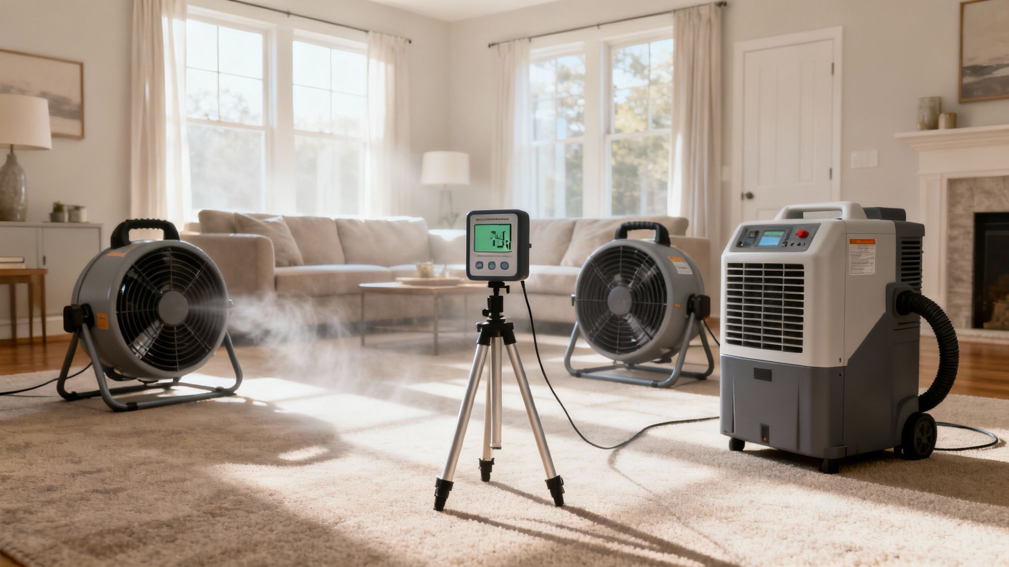 A professional in protective gear sanitizing a room after water damage.