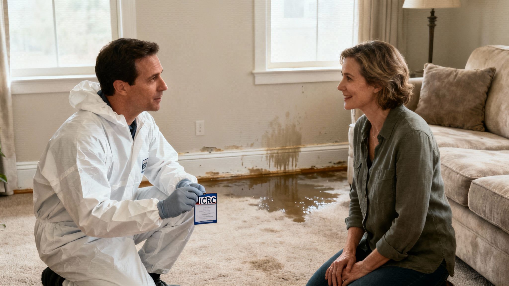 A man in a hazmat suit shows an IICRC card to a woman in a flood-damaged room.