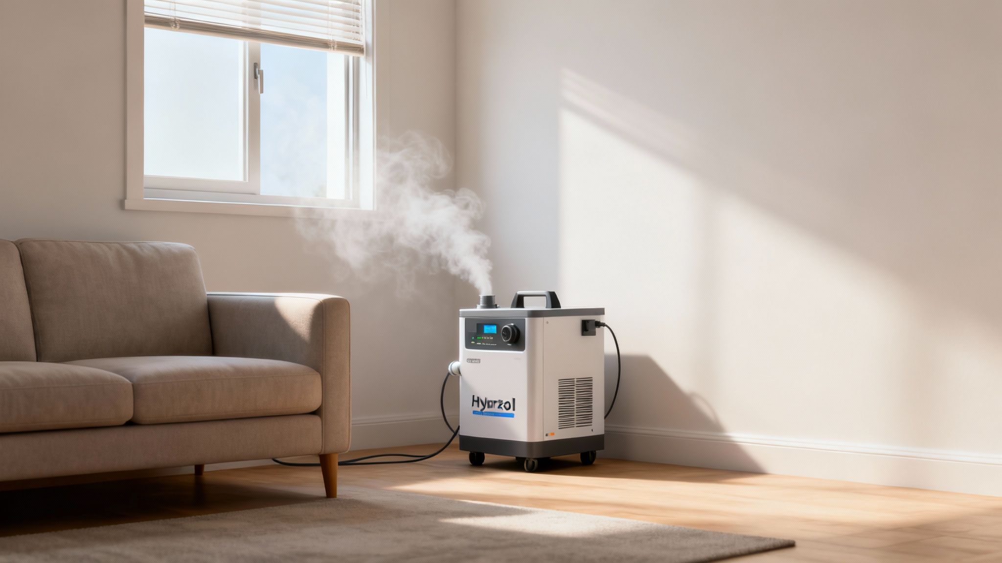 A large HyarZol humidifier releasing steam in a cozy living room with a sofa and window.