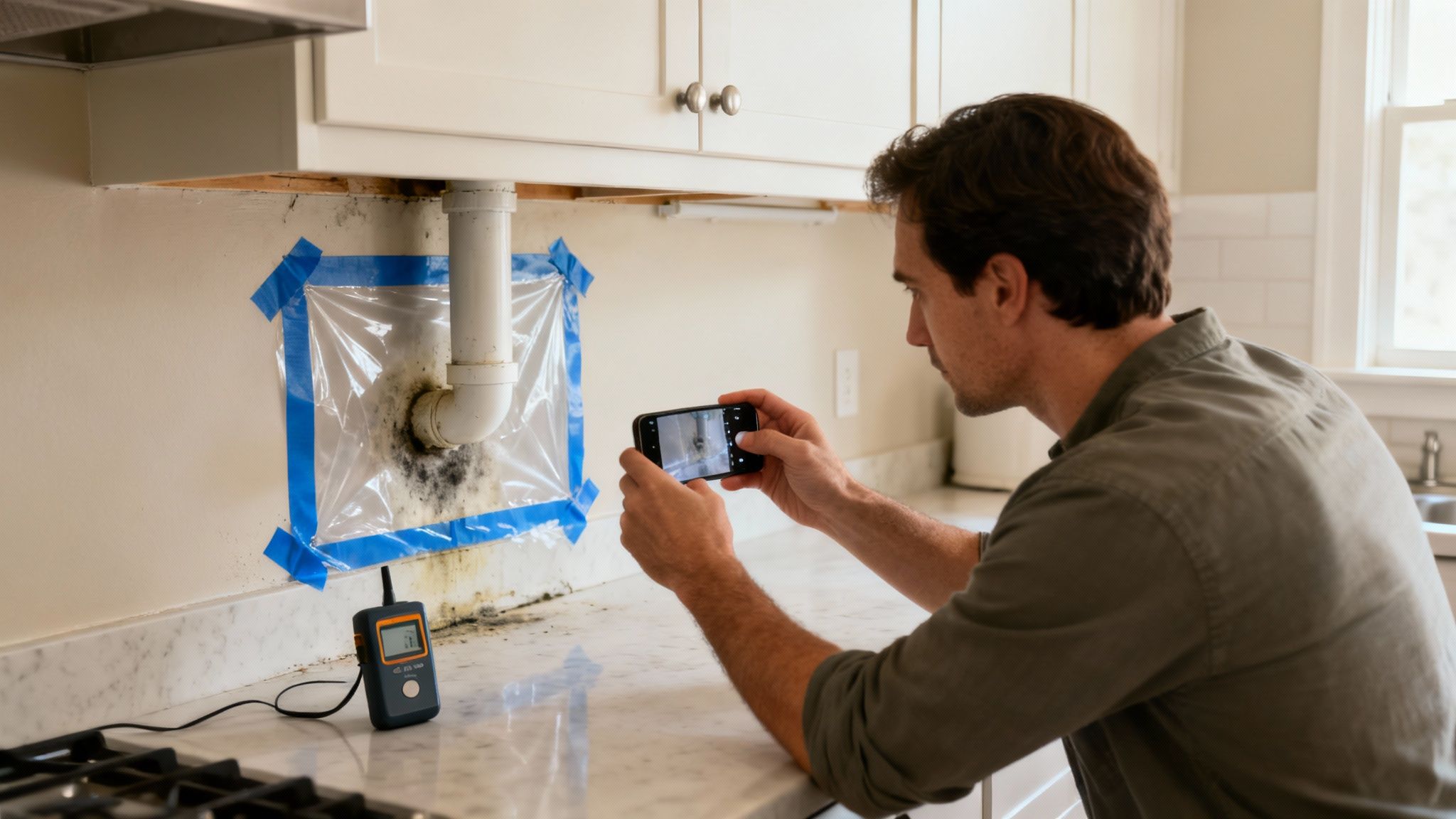 A professional technician inspecting mold growth on a wall inside a a Los Angeles home.