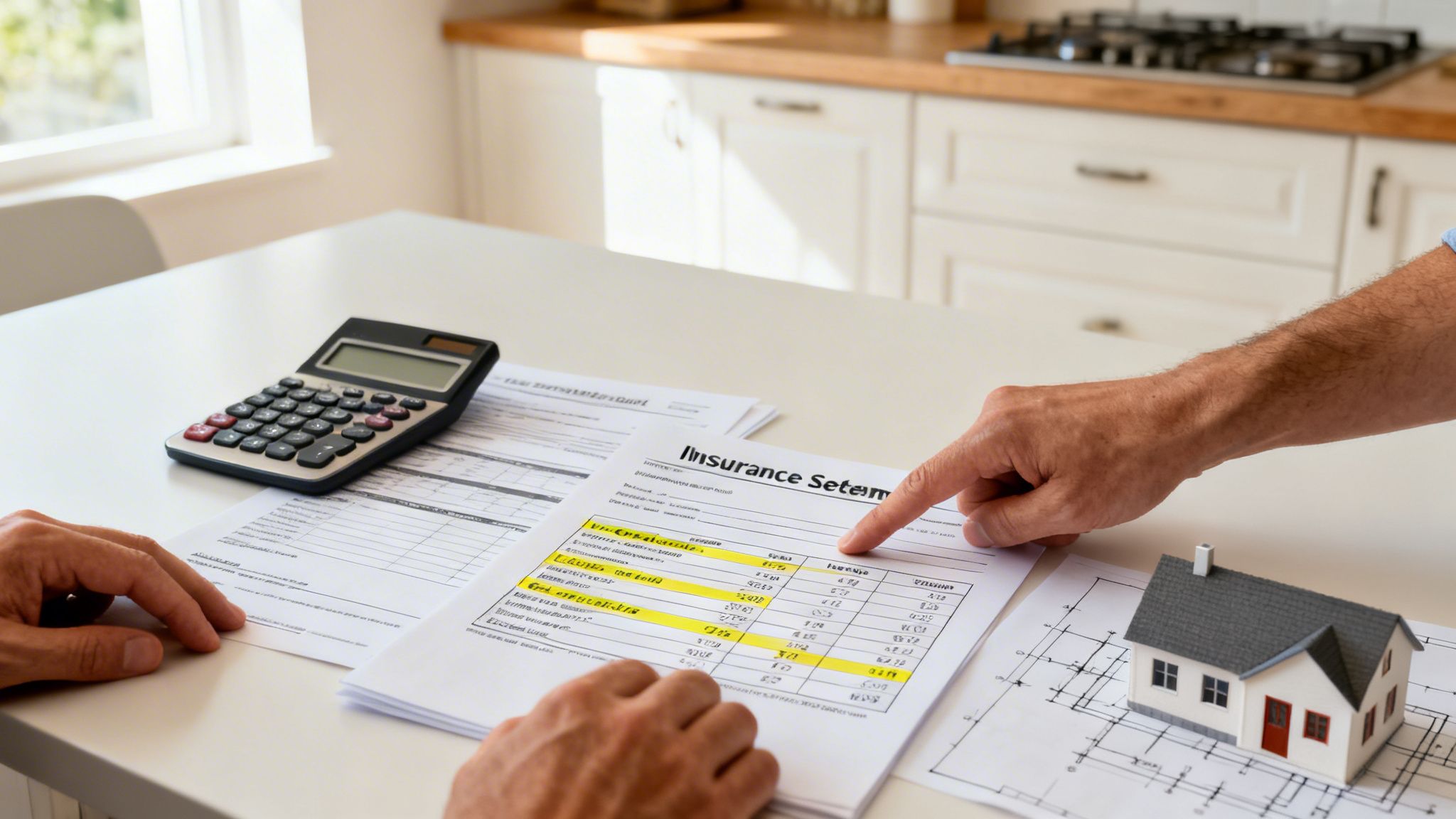 Two people discussing a property insurance statement with a calculator and a model house.