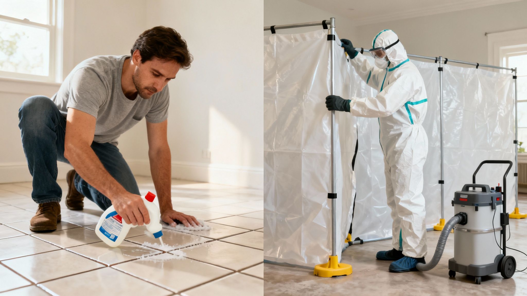 Professional mold removal comparison showing DIY cleaning versus expert hazmat remediation service in Los Angeles