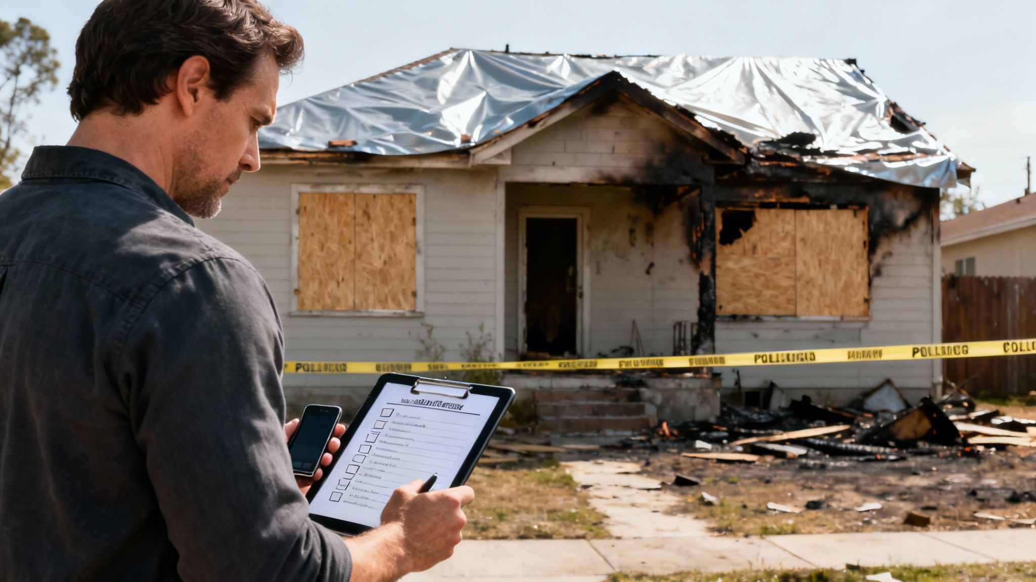 A man, likely an insurance adjuster, inspects a house severely damaged by fire, holding a clipboard and phone.
