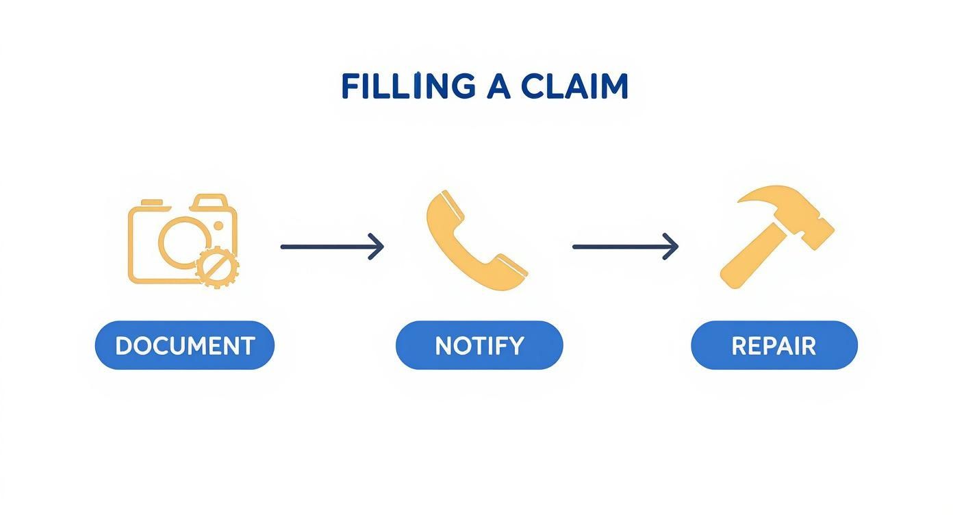 Flowchart showing three steps to file a claim: document with camera, notify with phone, and repair with hammer.
