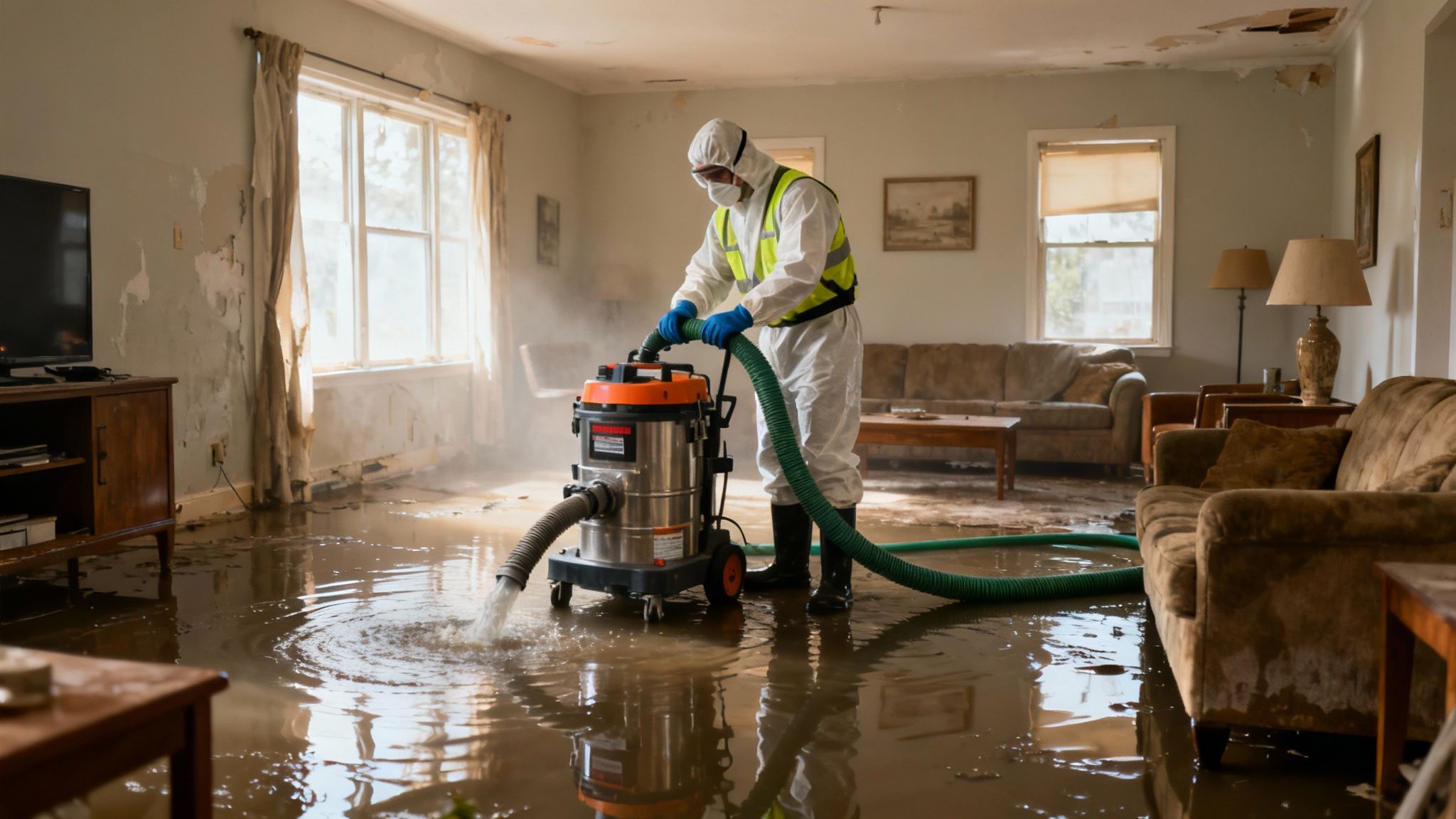 A professional in protective gear uses a large vacuum to remove floodwater from a damaged living room.
