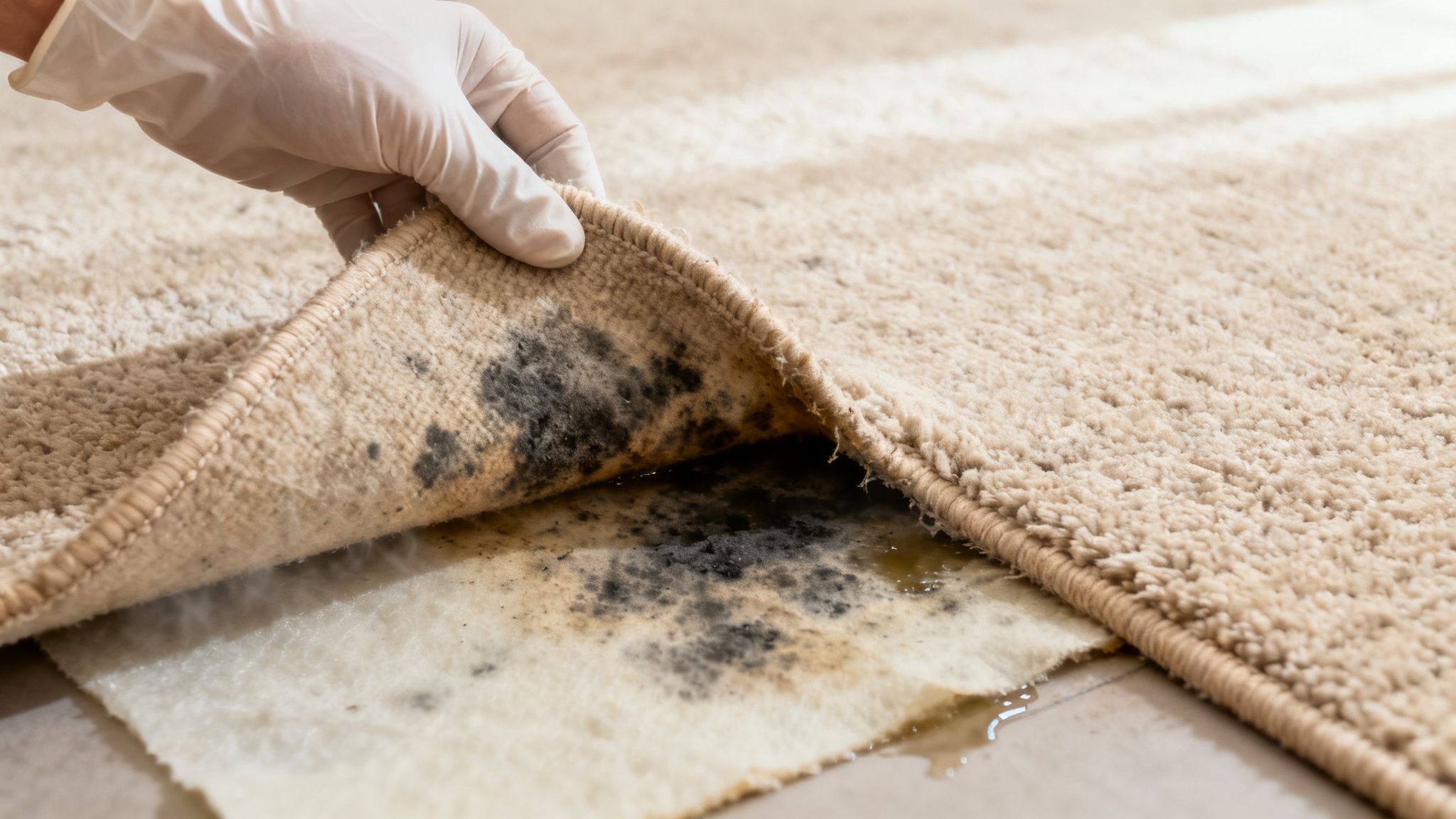 A gloved hand lifts a beige carpet, revealing severe black mold growth and standing water underneath.