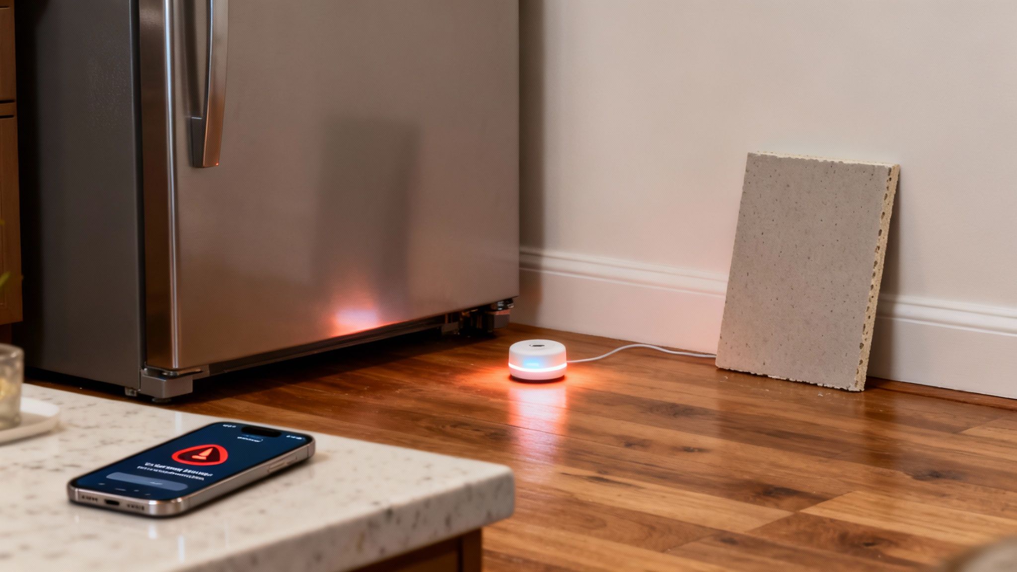 A smart water leak sensor glows orange beside a refrigerator, alerting a smartphone to a leak.