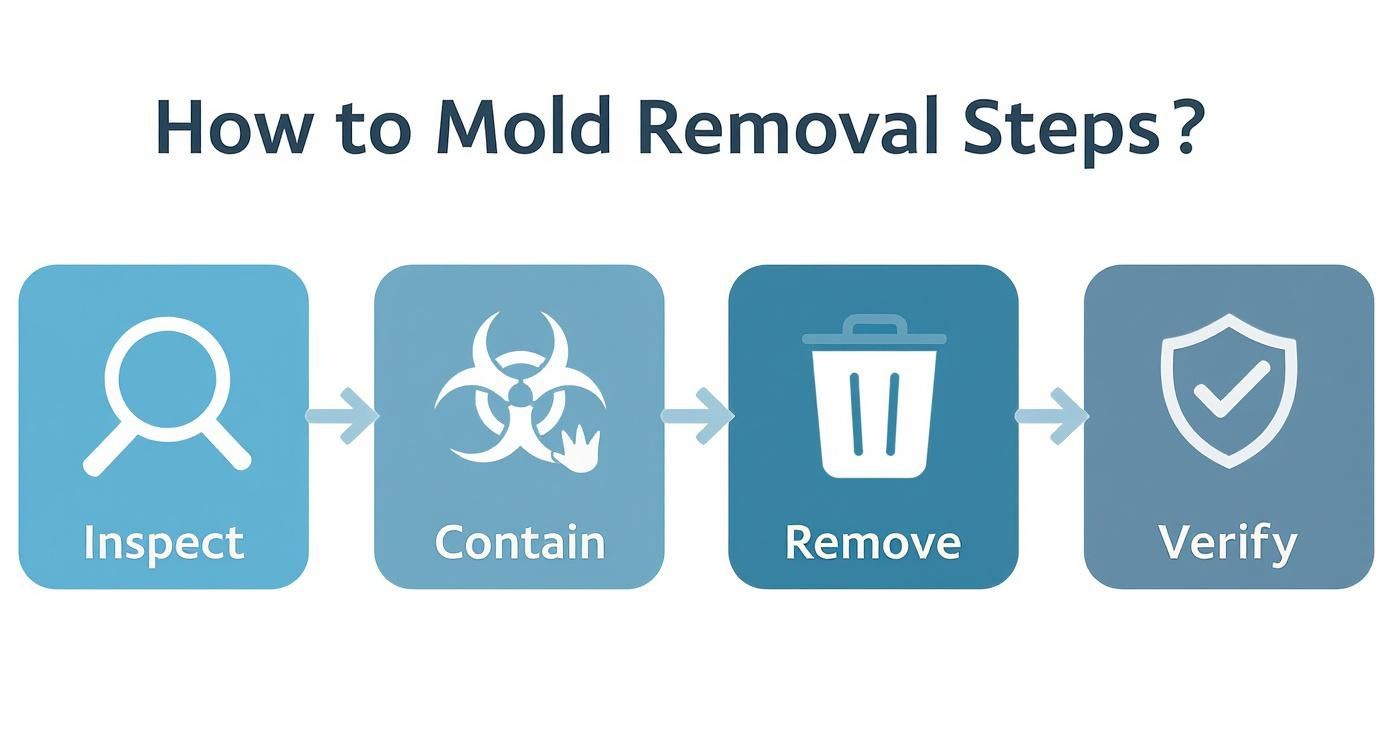 Four-step mold removal process diagram showing inspect, contain, remove, and verify stages with icons