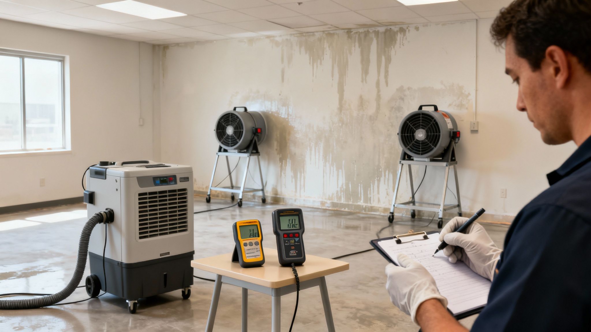 Technician in gloves takes notes in a commercial room with water-damaged walls, dehumidifier, and fans.