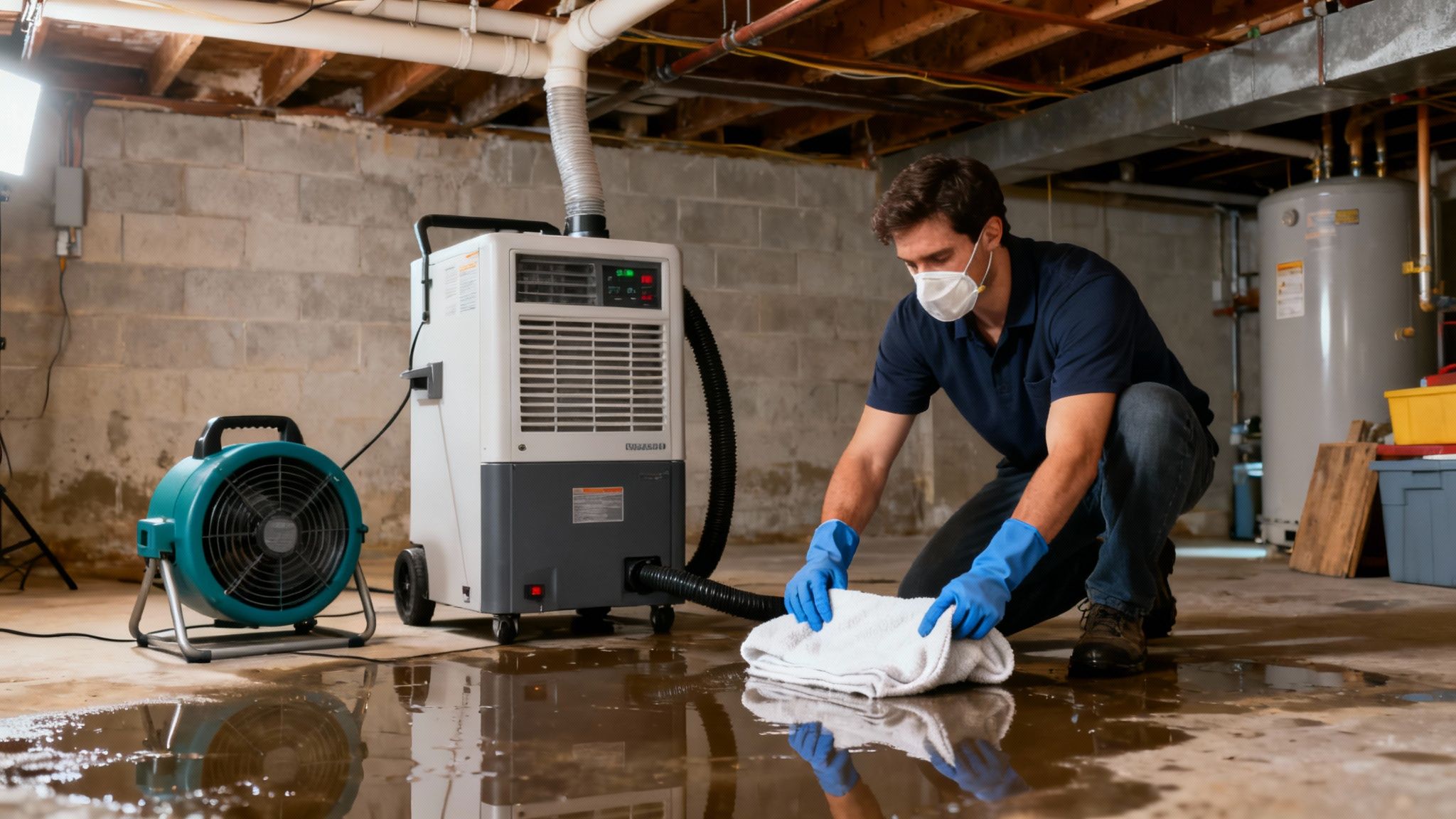 Man in mask and gloves cleans a wet basement floor with a towel, fan, and dehumidifier.