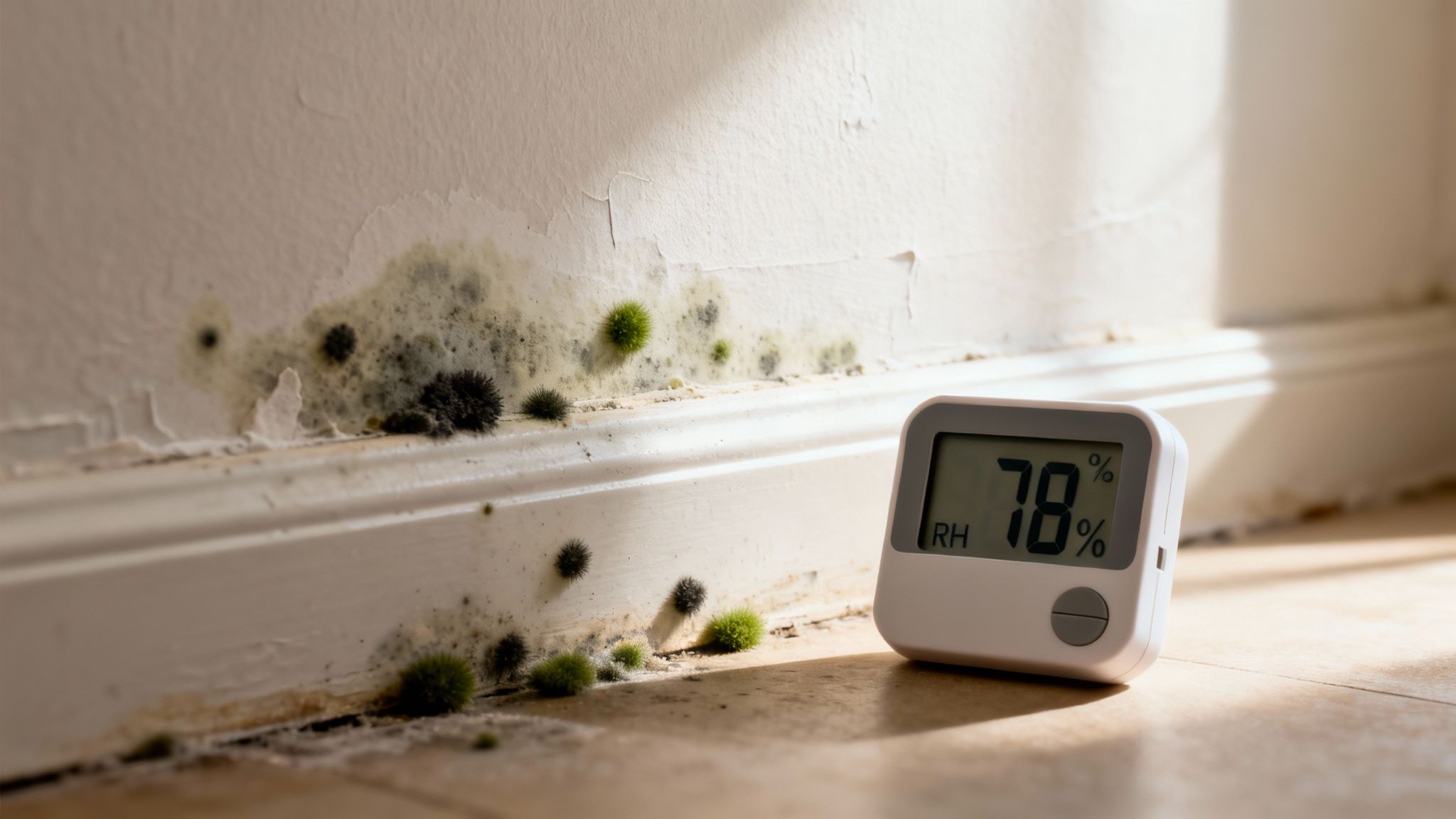 Severe mold growth on a wall and baseboard, with a digital hygrometer showing high relative humidity.