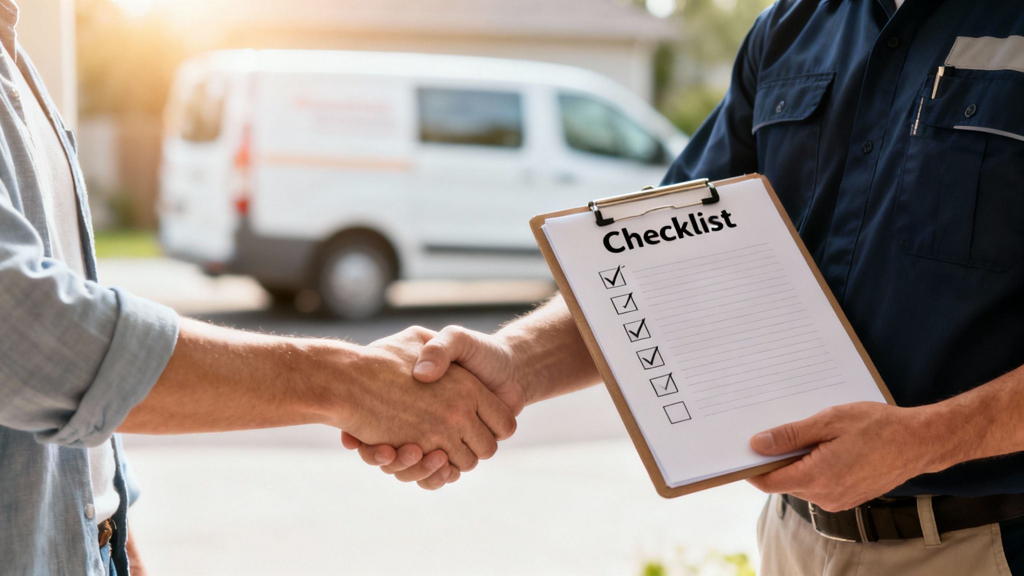 Service worker shaking hands with a customer, holding a checklist, with a delivery van in the background.