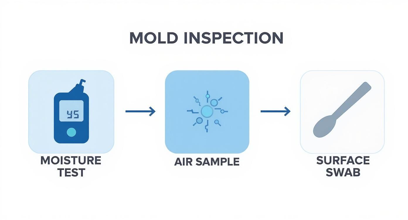 Infographic showing the process flow of a professional mold inspection, including moisture tests, air samples, and surface swabs.