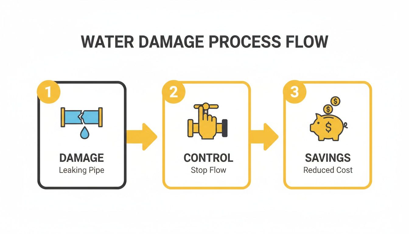 A process flow diagram illustrating water damage from a leaking pipe, control by stopping the flow, and resulting savings.
