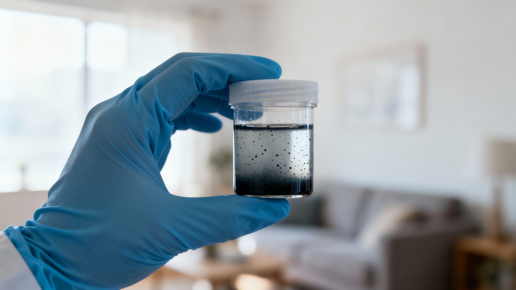 A gloved hand holds a clear sample container with dark particles suspended in liquid, symbolizing contaminated water.
