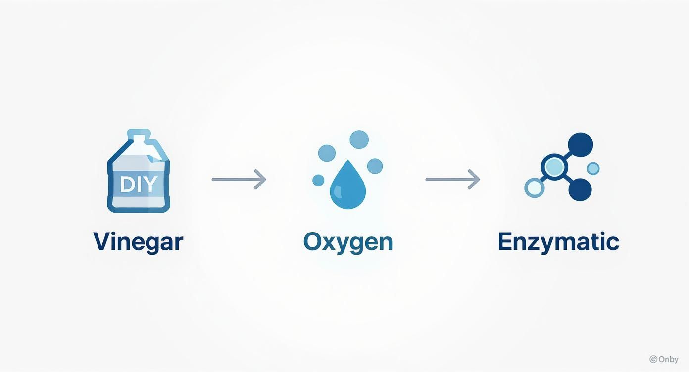 A diagram illustrating a three-step process: from a DIY vinegar bottle, to oxygen droplets, ending with an enzymatic molecule.