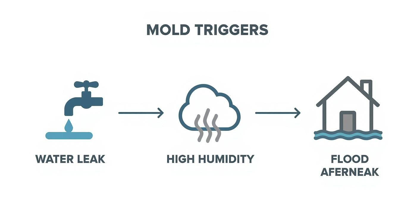 Infographic showing the process flow of mold triggers: a water leak, high humidity, and flood aftermath.