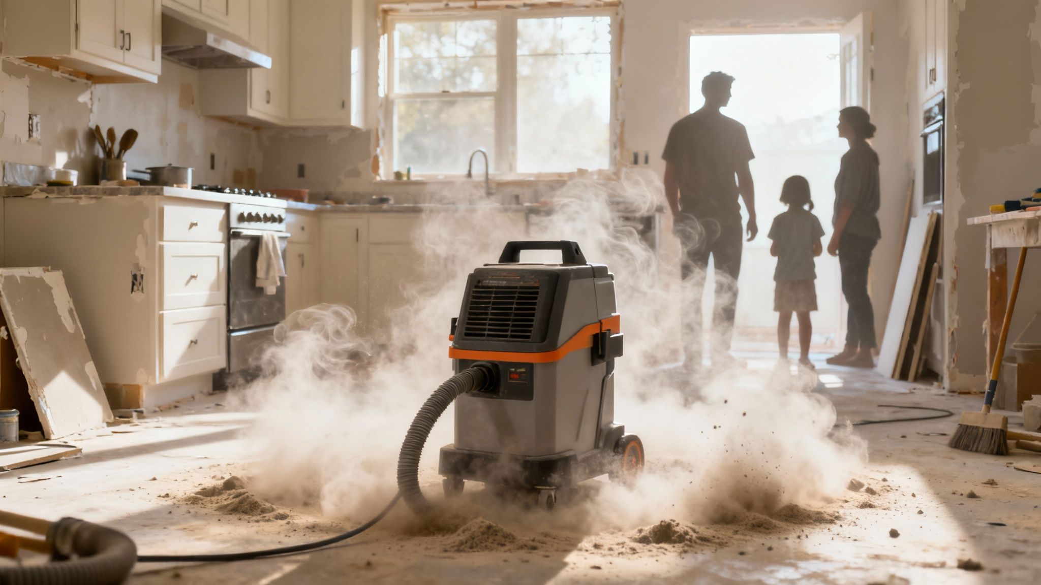 Family in a clean living room, benefiting from an air scrubber.