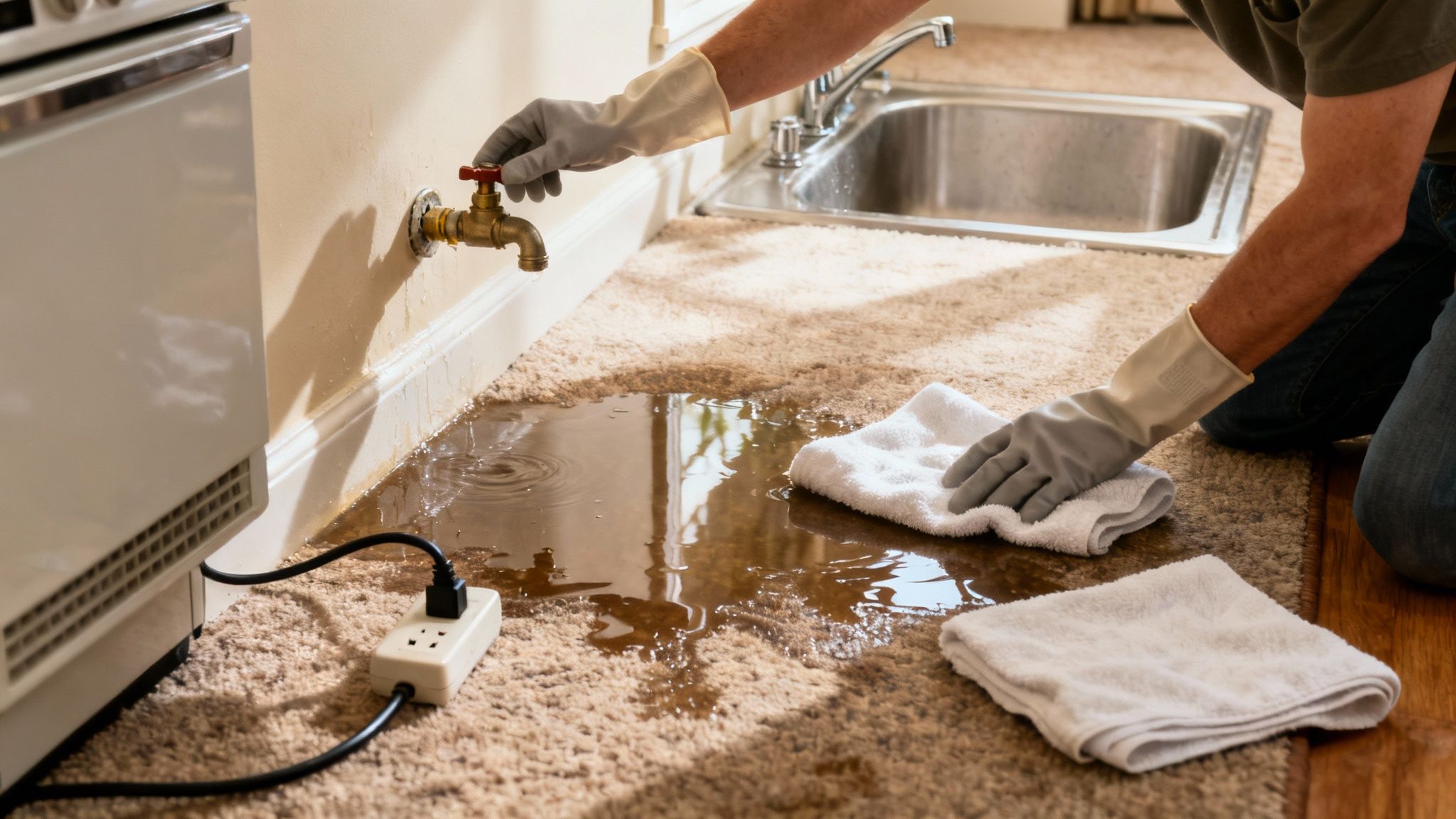 Person in gloves turning off a leaky faucet as water pools on a carpeted floor.