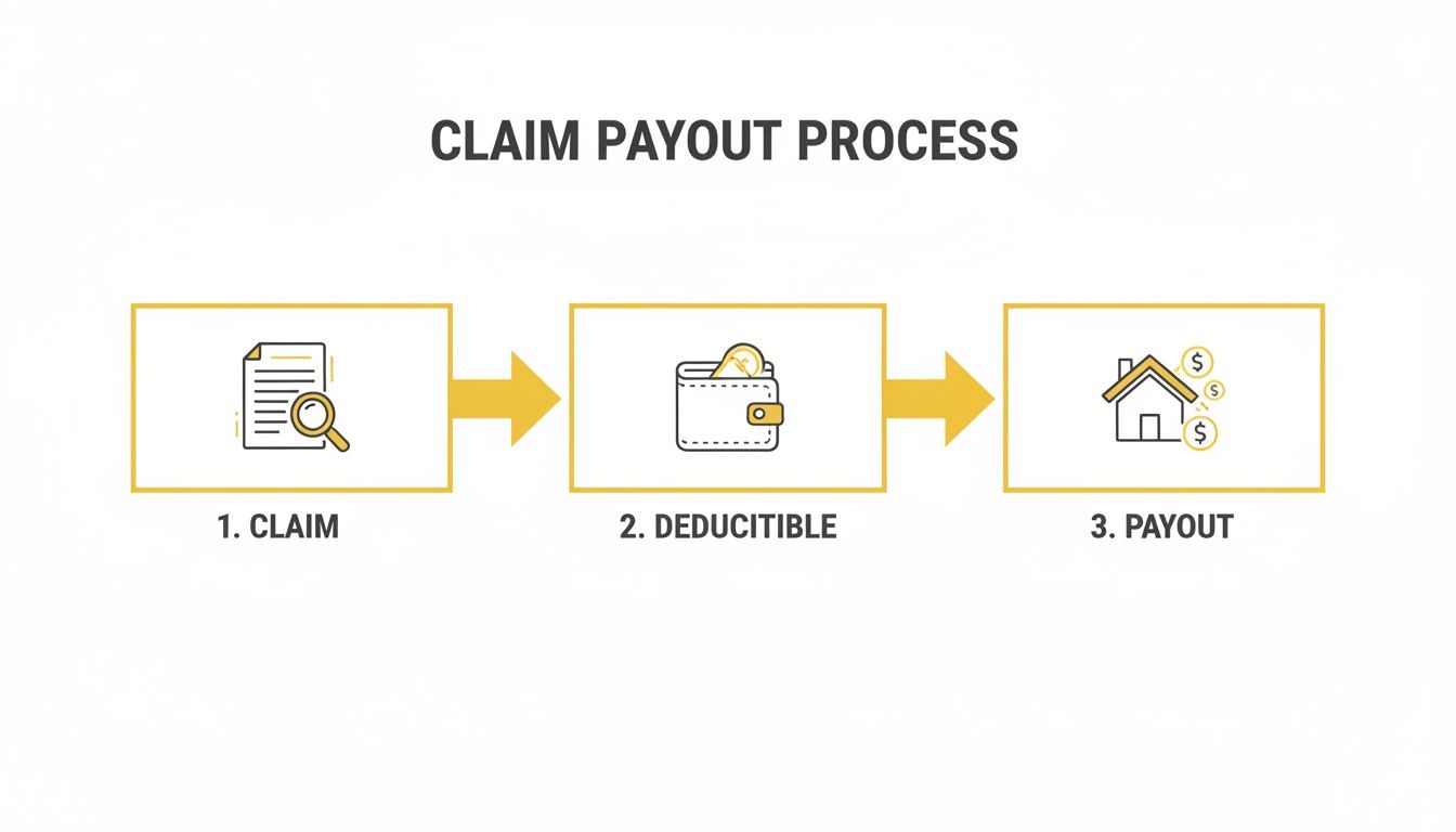 An infographic illustrating the insurance claim payout process, showing steps for claim submission, deductible payment, and final payout.