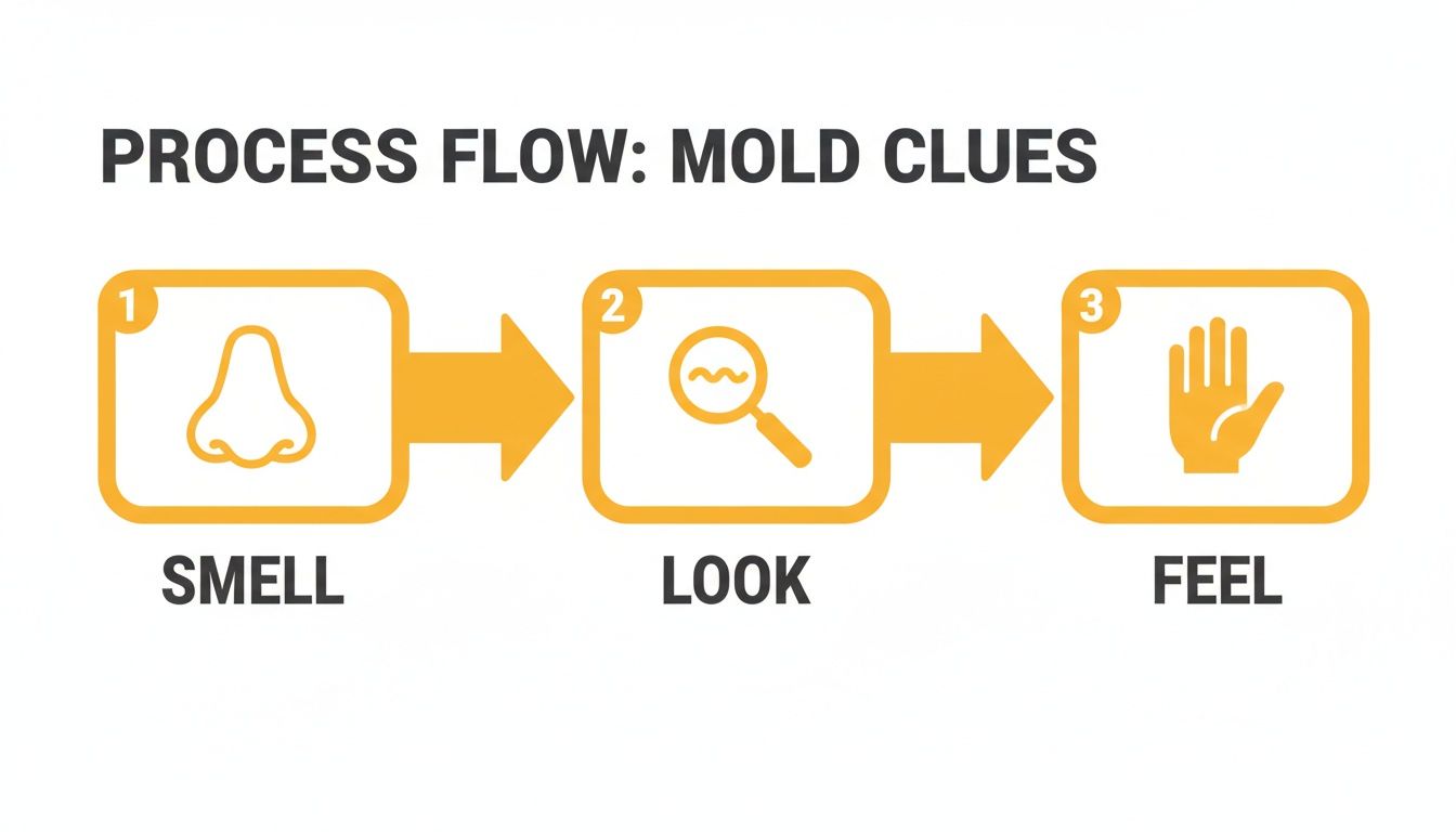 A process flow diagram illustrating three steps to detect mold: smell, look, and feel.