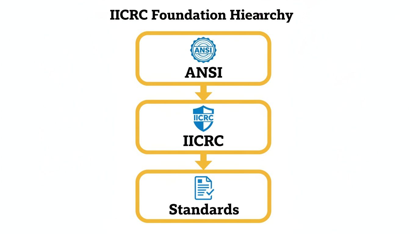 Diagram illustrating the IICRC foundation hierarchy, showing ANSI leading to IICRC, which then leads to Standards.