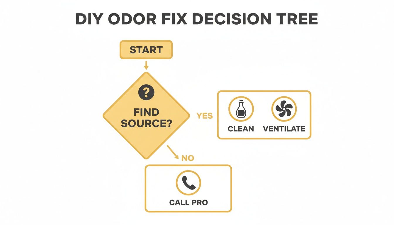 A DIY odor fix decision tree flowchart with steps to find the source, clean, ventilate, or call a pro.