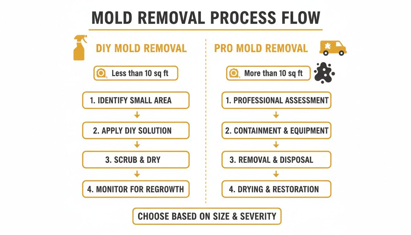 Flowchart detailing DIY and professional mold removal steps, differentiating by area size.