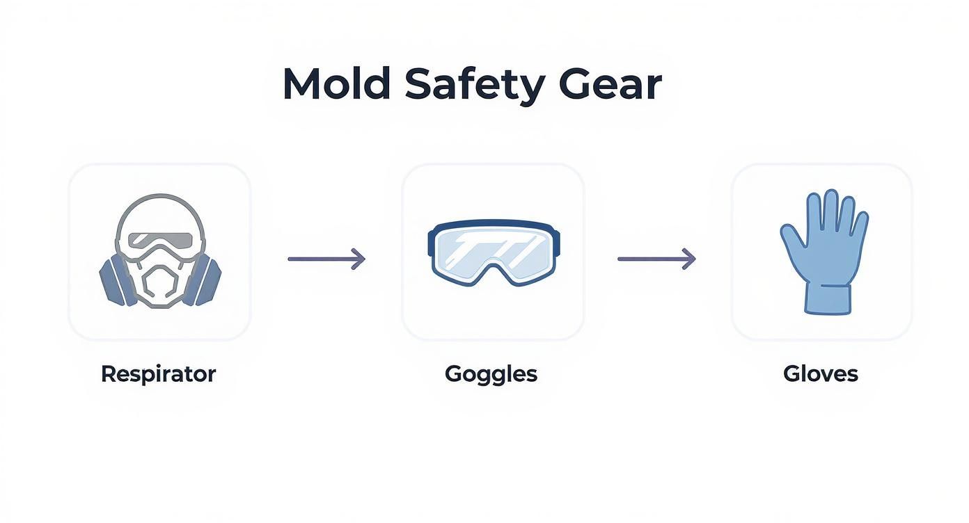 Mold safety gear infographic showing respirator mask, protective goggles, and gloves required for safe mold remediation