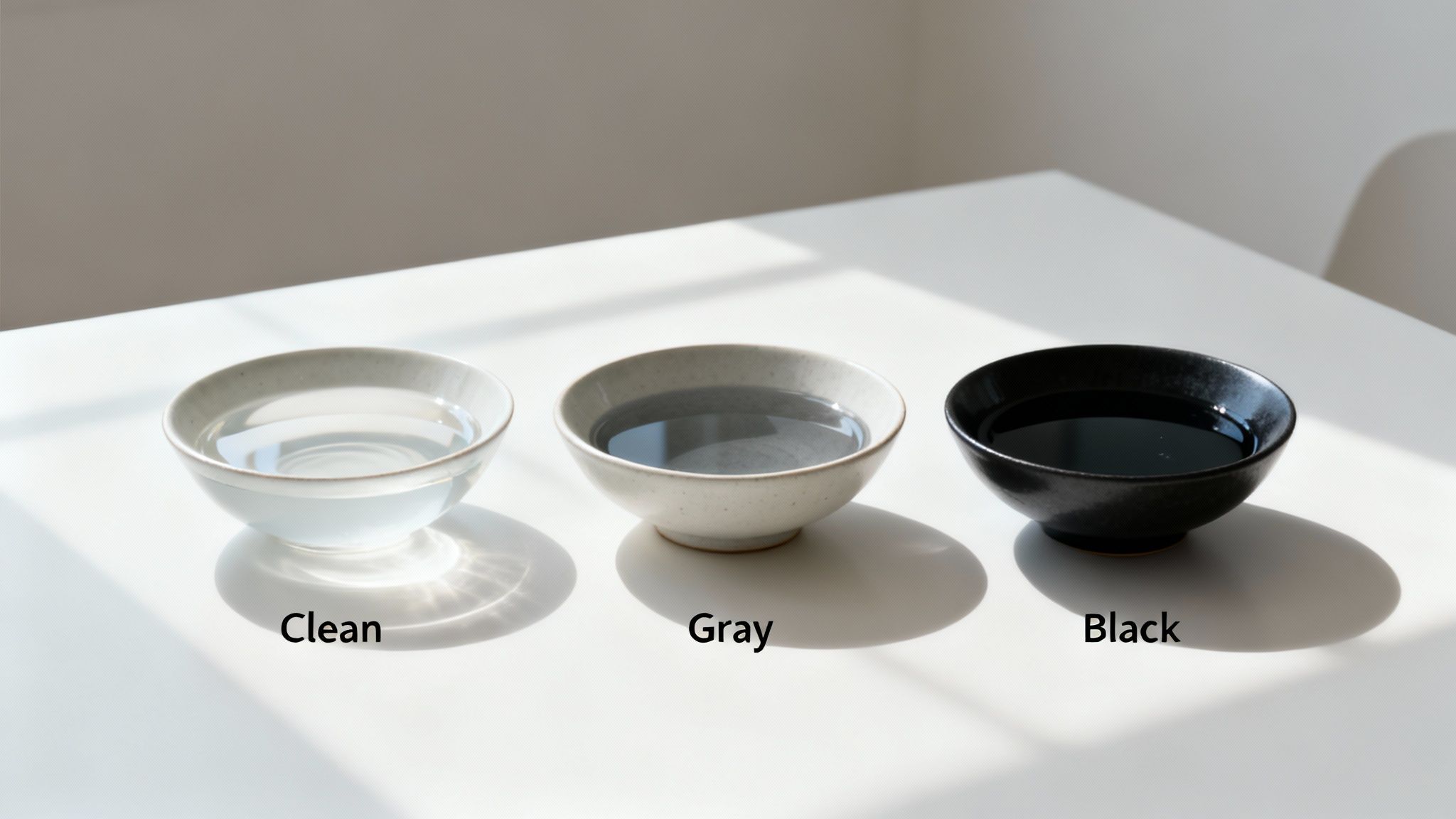 Three bowls display clear, gray, and black water, illustrating different water damage levels.