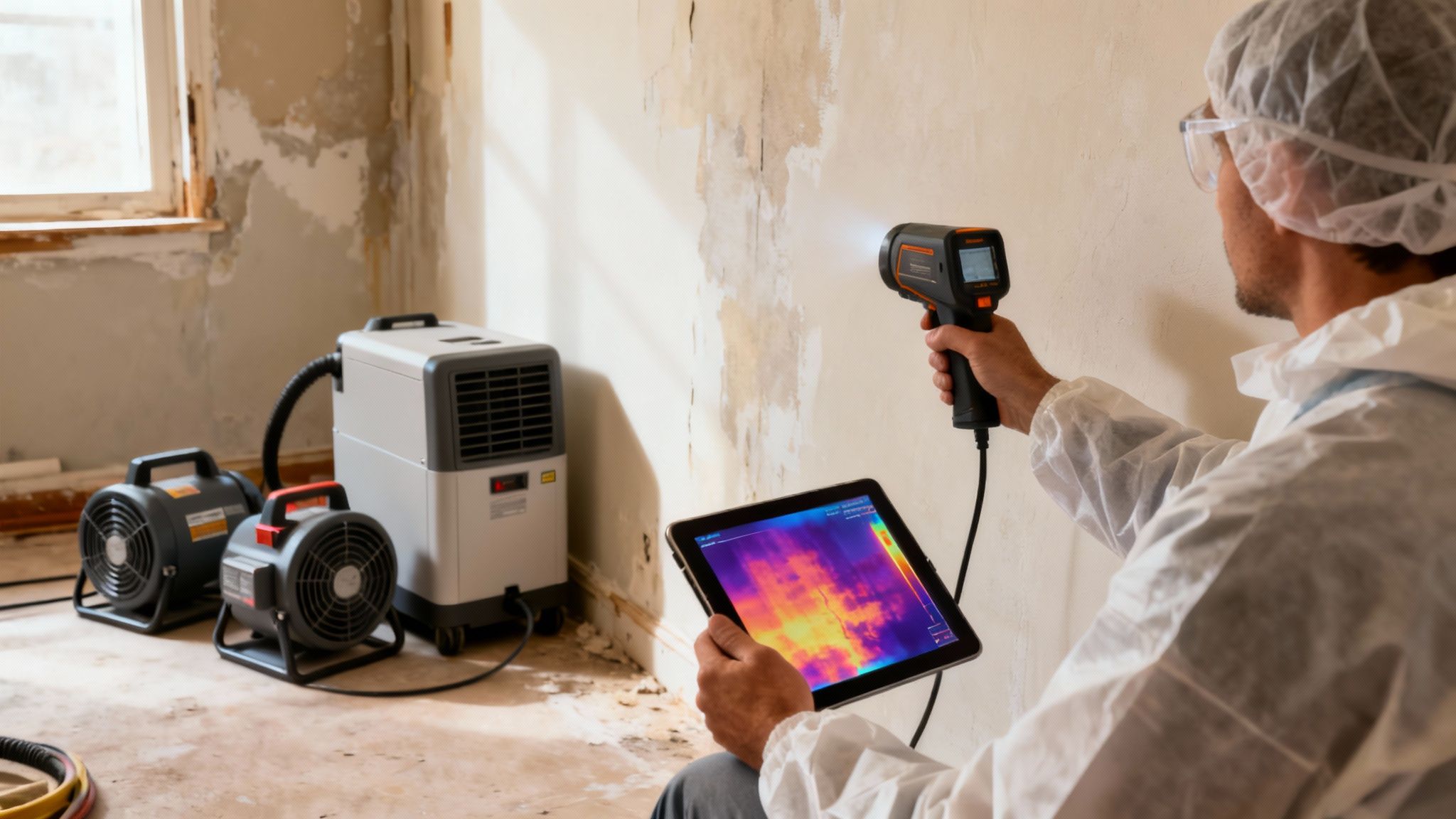 A professional inspects a damp wall with a thermal imager and tablet in a room with drying equipment.