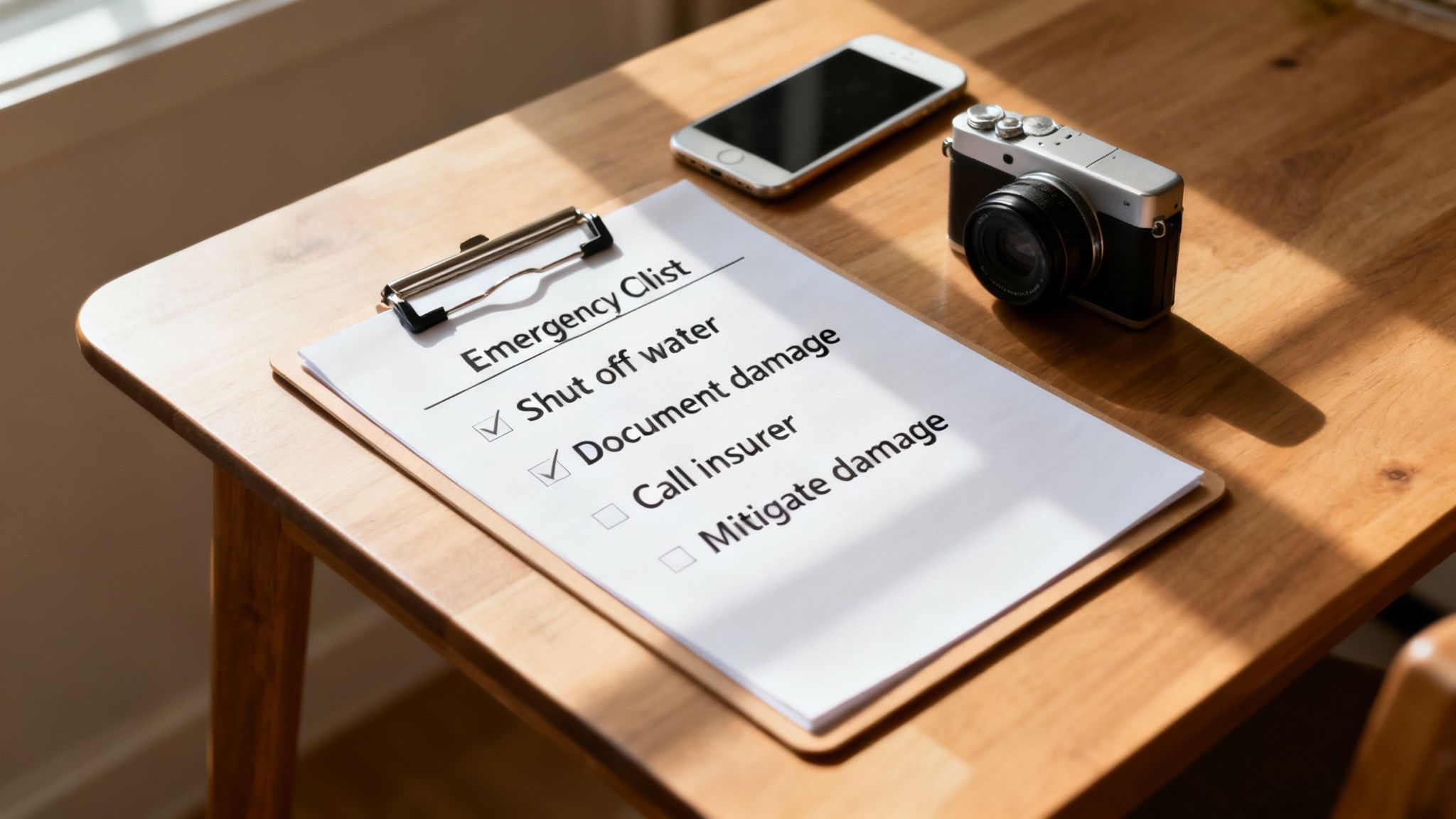 Emergency checklist for water damage on a wooden table, with phone and camera for documentation.