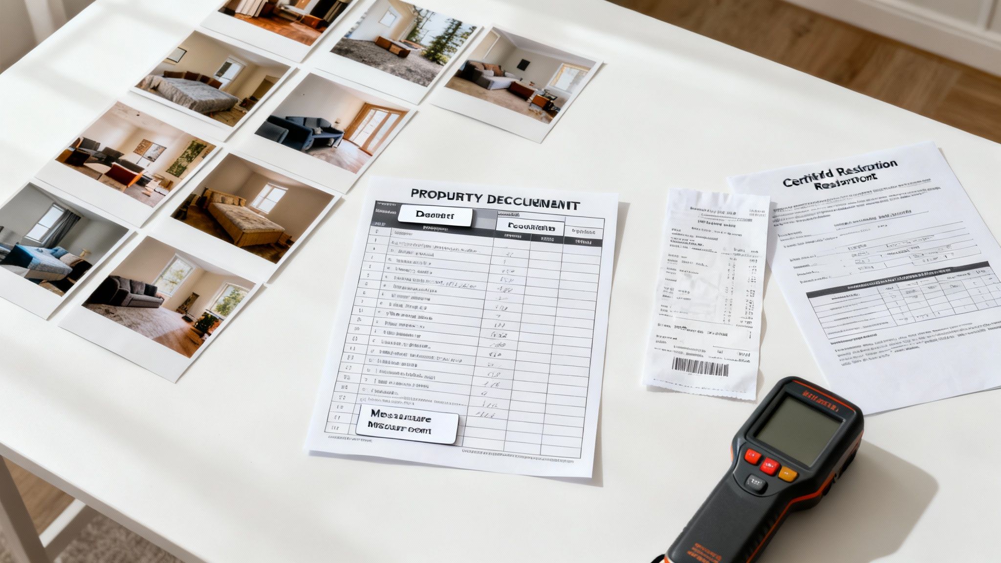 Desk with property photos, documents, a receipt, and an infrared thermometer for assessment.