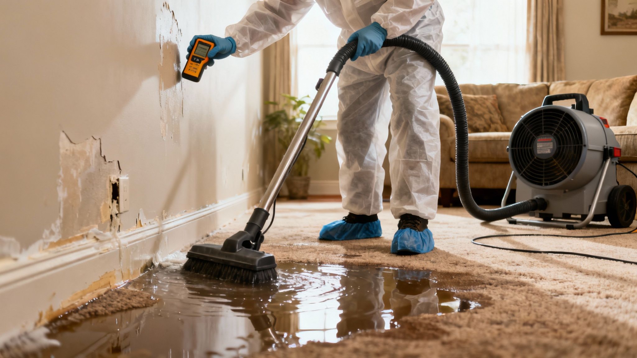 Professional in hazmat suit cleans water-damaged room with vacuum and moisture meter.