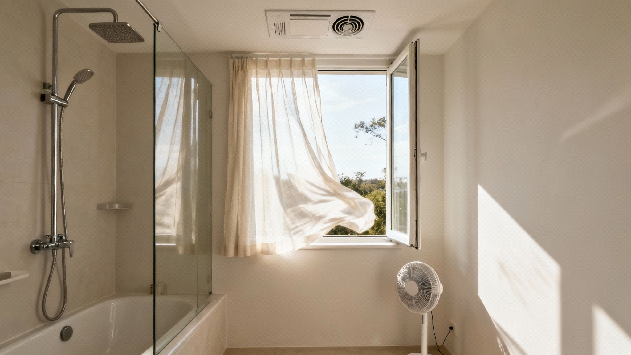 Bright bathroom with an open window, a sheer curtain blowing in the breeze, a shower, a bathtub, and a standing fan.