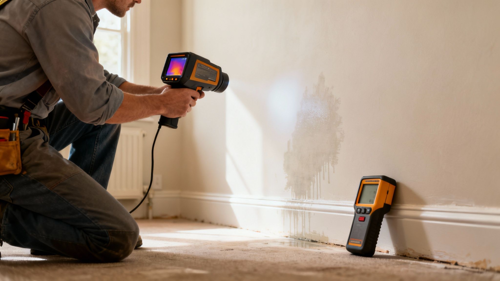 A professional inspects a damp wall with a thermal imaging camera for moisture and mold.