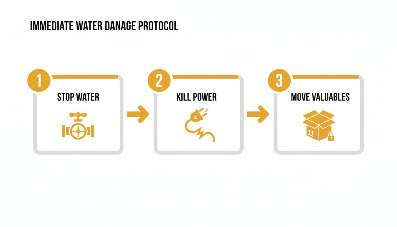 An infographic showing a 3-step immediate water damage protocol: stop water, kill power, move valuables.